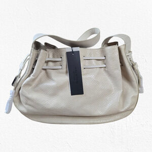 Halston Heritage Snakeskin Leather Drawstring Shoulder Bag Ivory Designer Purse